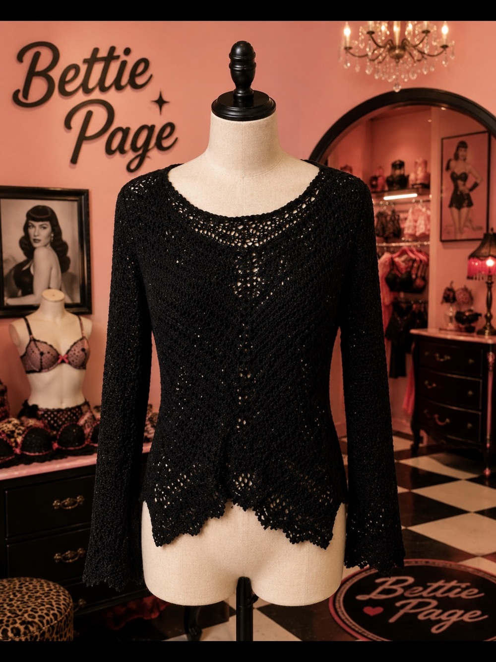 Betty Page Black Crotchet Long Sleeve Top